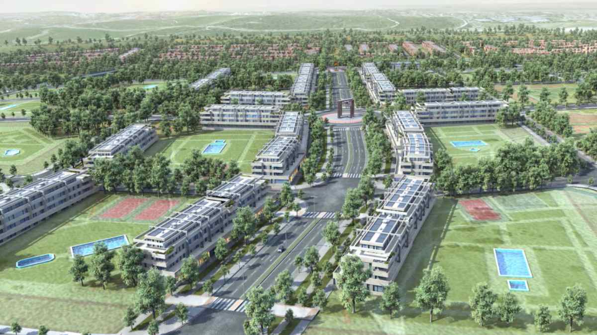 Vista aérea del proyecto urbanístico Los Carriles-Valgrande en Alcobendas con 8.600 viviendas y zonas verdes.