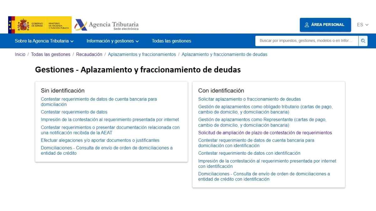 Gestiones de aplazamiento y fraccionamiento de deudas en la Agencia Tributaria.