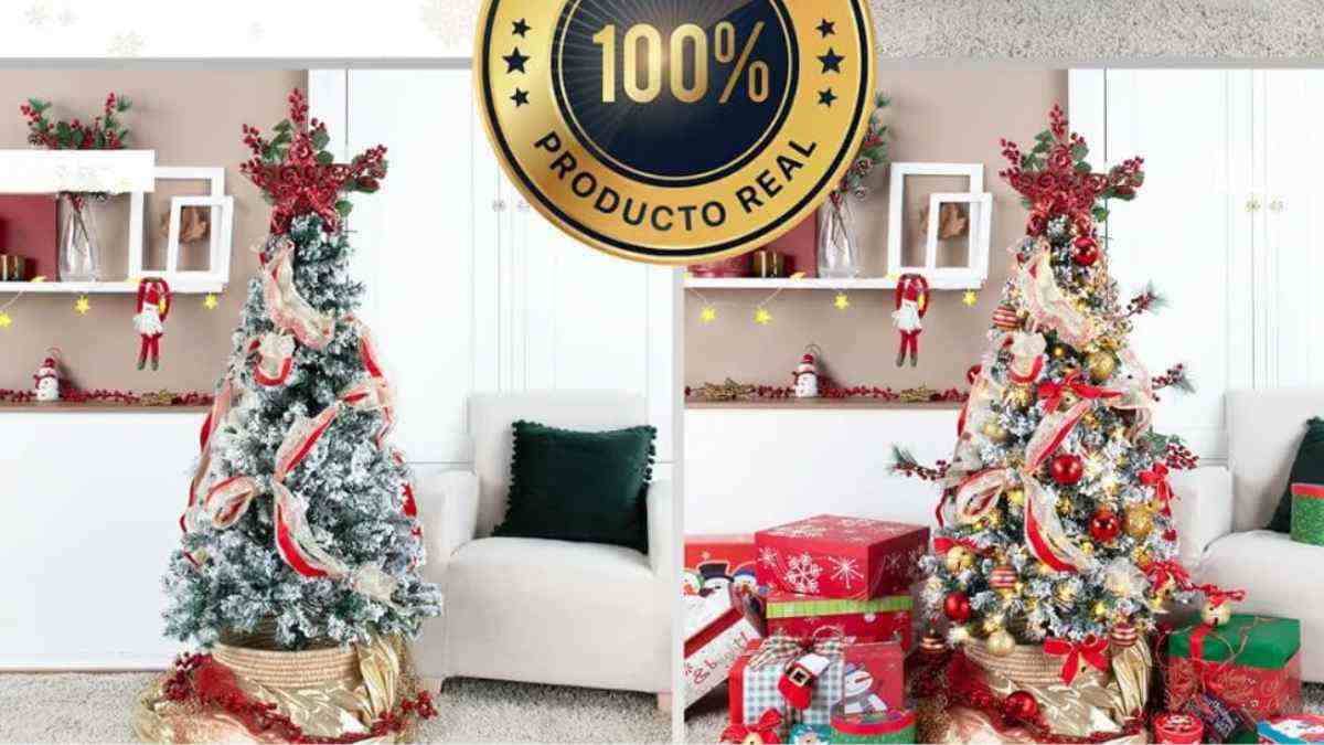 Árbol de Navidad nevado de 150 cm decorado con cintas rojas y doradas en un salón festivo