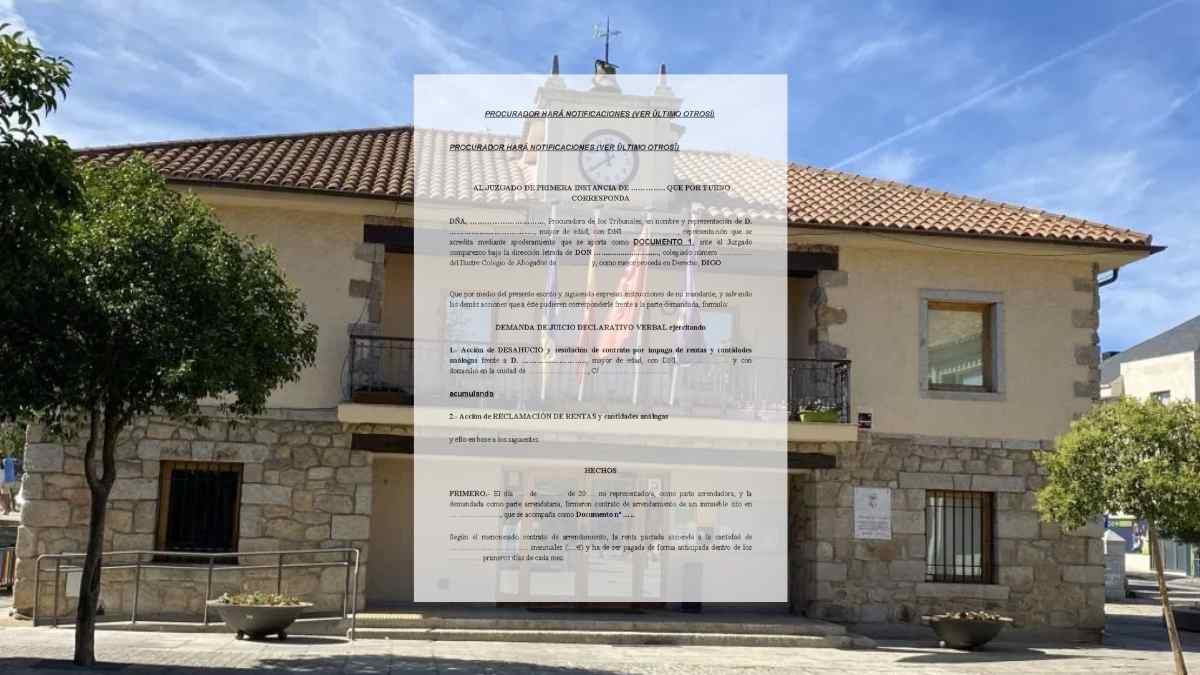 Fachada del Ayuntamiento de Torrelodones con documento sobre ayudas a propietarios por impagos de alquiler.