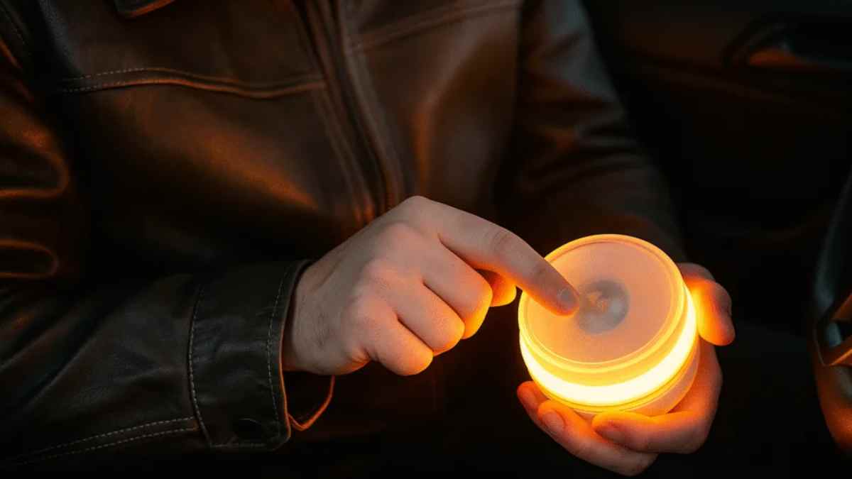 Persona encendiendo una baliza V16 homologada por la DGT dentro del coche.