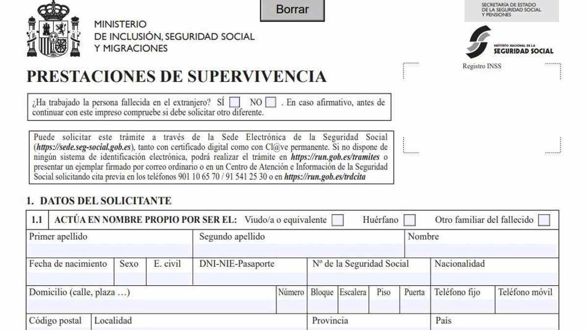 Formulario oficial de prestaciones de supervivencia de la Seguridad Social para solicitar la pensión de viudedad.