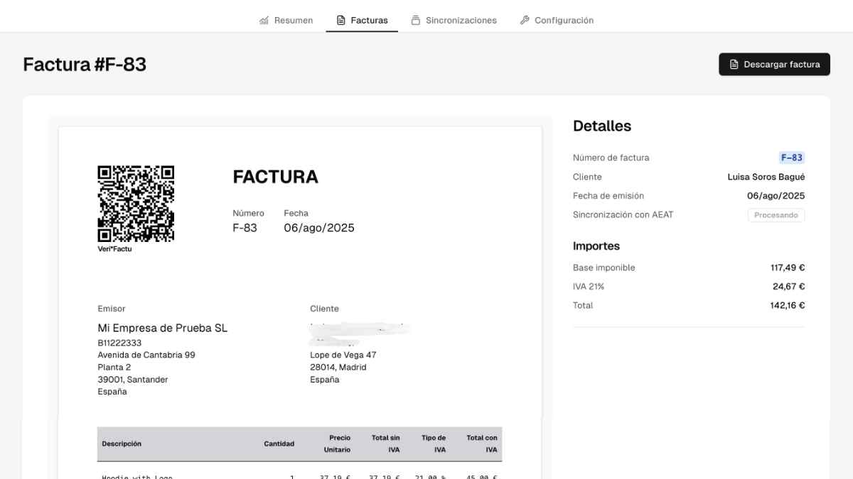 Ejemplo de factura digital generada con VeriFactu en la app de la Agencia Tributaria.