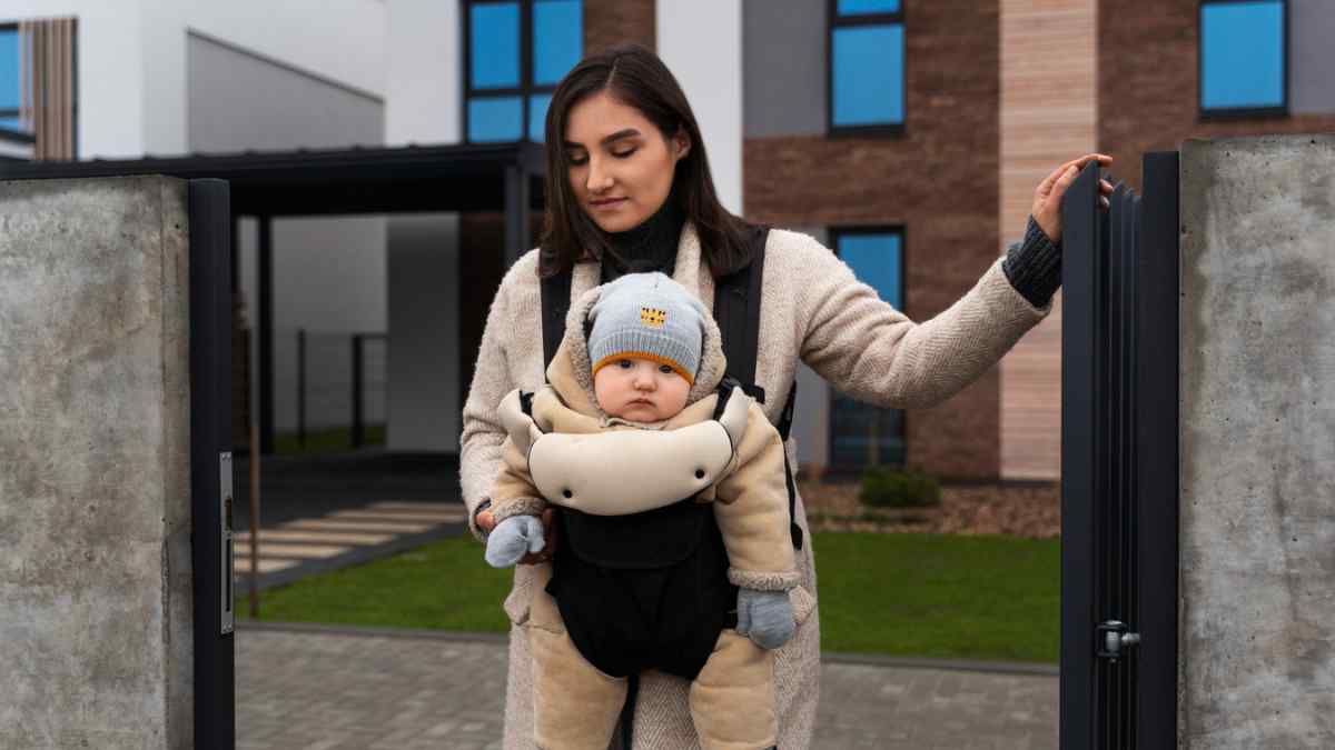 Madre con su bebé saliendo de casa, imagen relacionada con la deducción por maternidad y el extra por guardería.