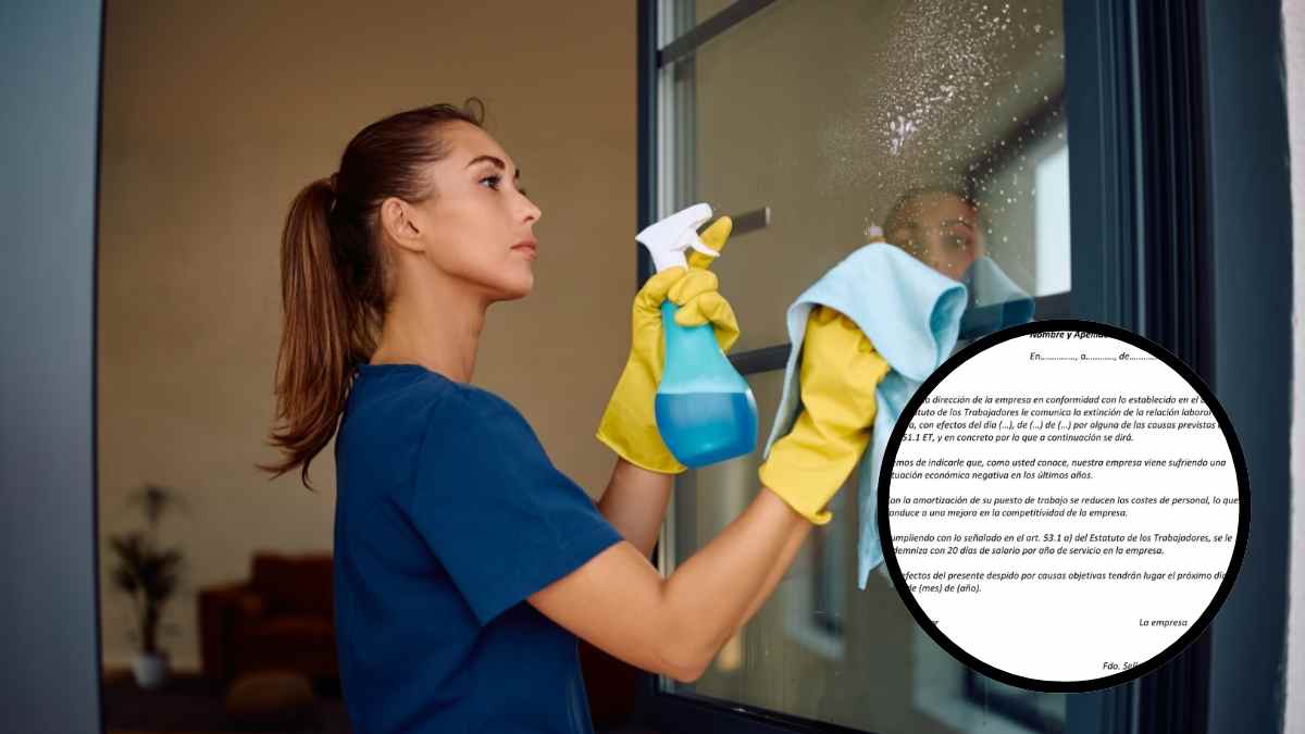 Limpiadora limpiando un cristal tras sentencia que anula su despido y reconoce compensación de 2.500 euros.