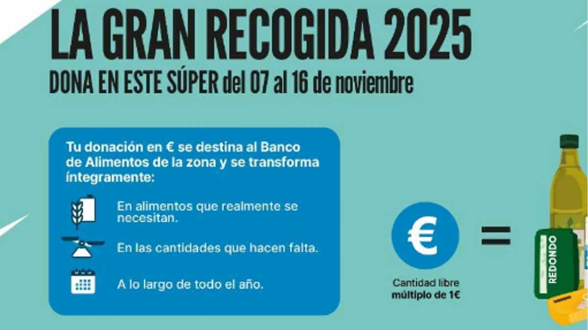 Cartel de la Gran Recogida 2025 de FESBAL en Mercadona con información sobre donaciones de un euro en caja.
