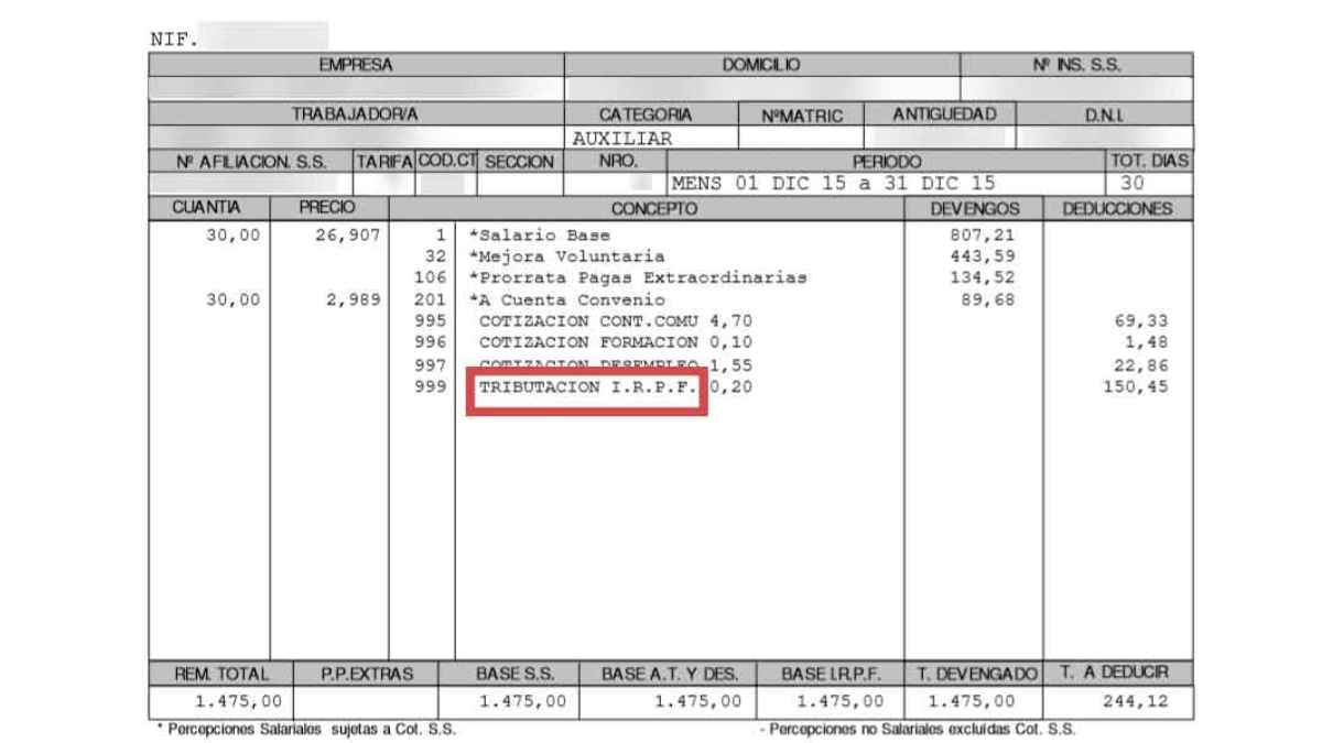 Ejemplo de nómina con deducción del IRPF para trabajadores con sueldos bajos.
