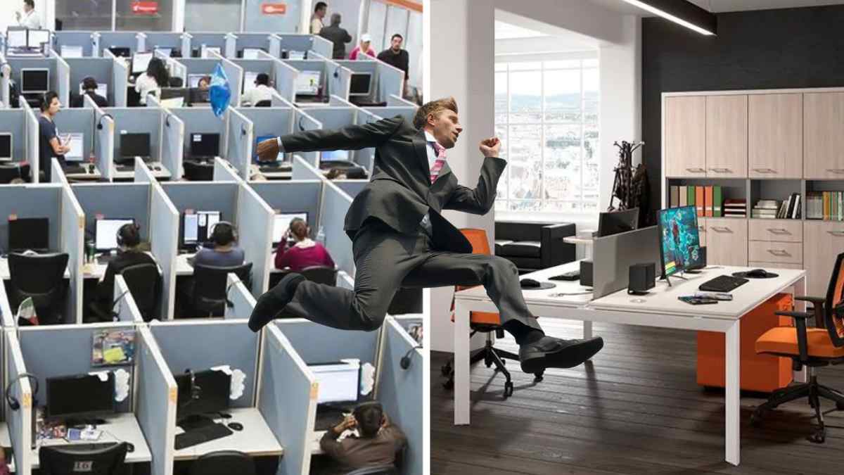 Profesional saltando de una oficina tradicional a otra para ilustrar el job hopping.