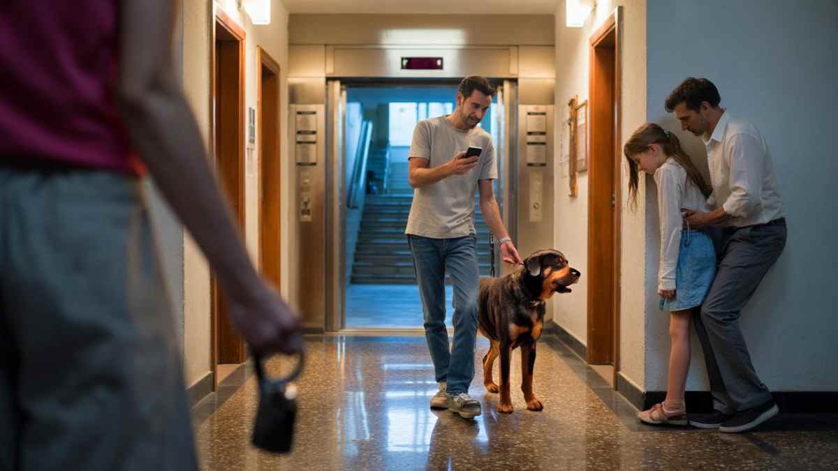 Hombre con perro sin bozal caminando por el pasillo de una comunidad mientras otros vecinos observan.