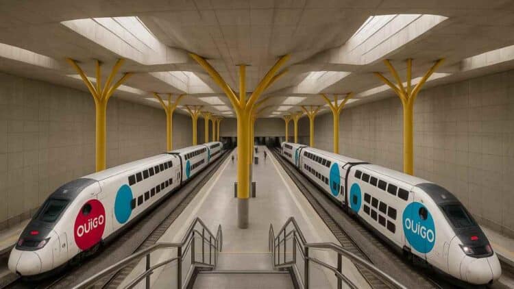 Trenes AVE Ouigo en la nueva estación de alta velocidad entre Chamartín y Barajas en Madrid.
