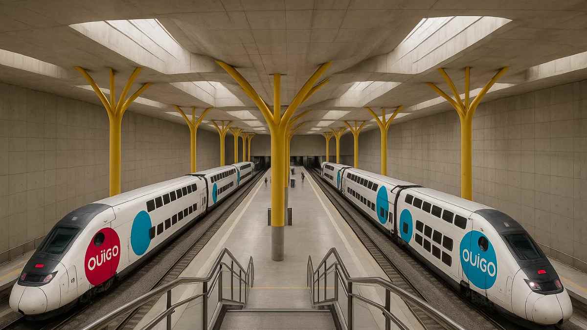 Trenes AVE Ouigo en la nueva estación de alta velocidad entre Chamartín y Barajas en Madrid.