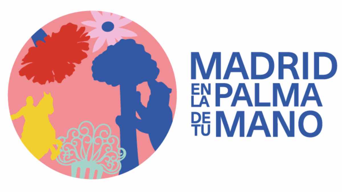 Logotipo de Madrid en la palma de tu mano con ilustraciones de símbolos de la ciudad.