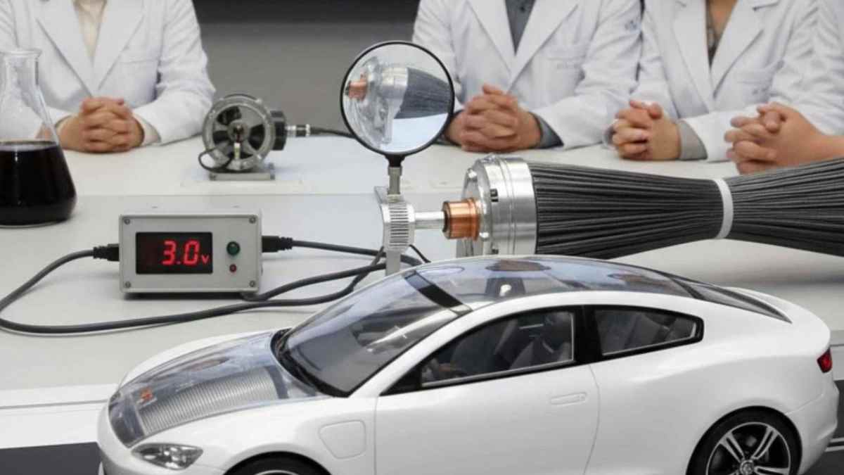 Motor eléctrico sin cobre en pruebas de laboratorio junto a maqueta de coche y equipo científico.