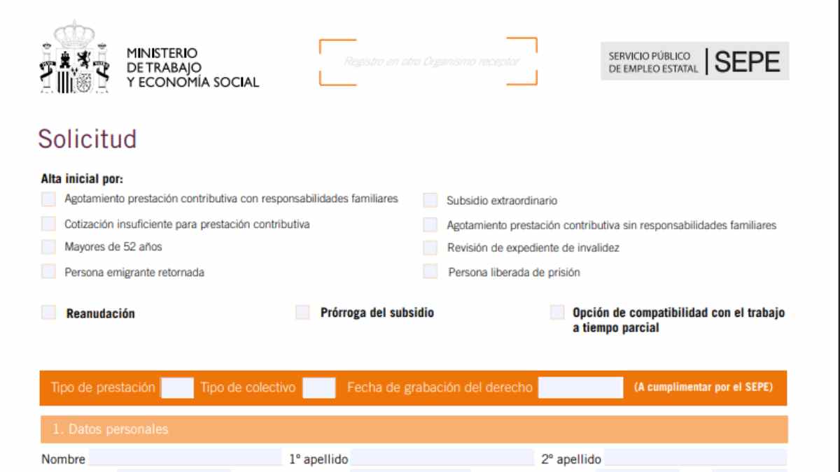 Formulario del SEPE para solicitar el subsidio para mayores de 52 años.