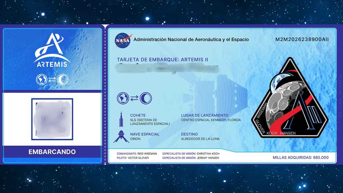 Tarjeta de embarque de la misión Artemis II de la NASA para enviar tu nombre alrededor de la Luna en la nave Orion.