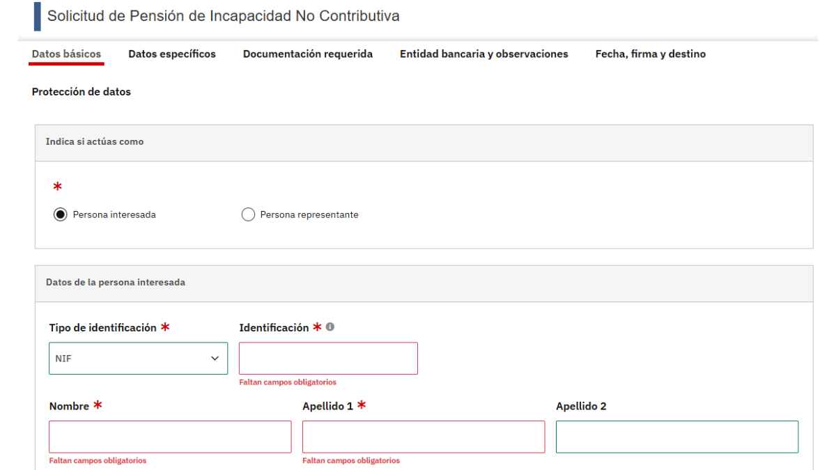 Formulario de solicitud de la pensión no contributiva de invalidez en 2025.