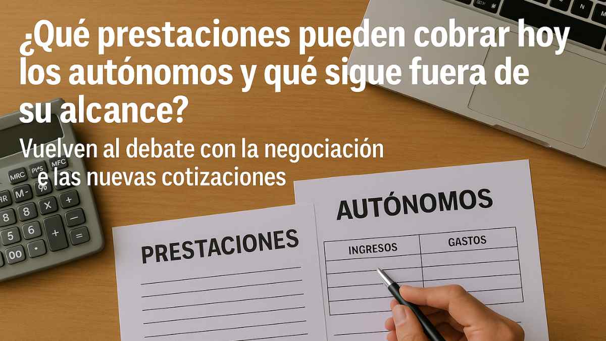 Documentos sobre prestaciones e ingresos de autónomos junto a una calculadora y un portáti.