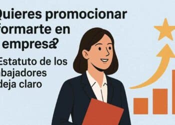 Mujer trabajadora con carpeta representando la promoción y formación laboral según el Estatuto de los Trabajadores.
