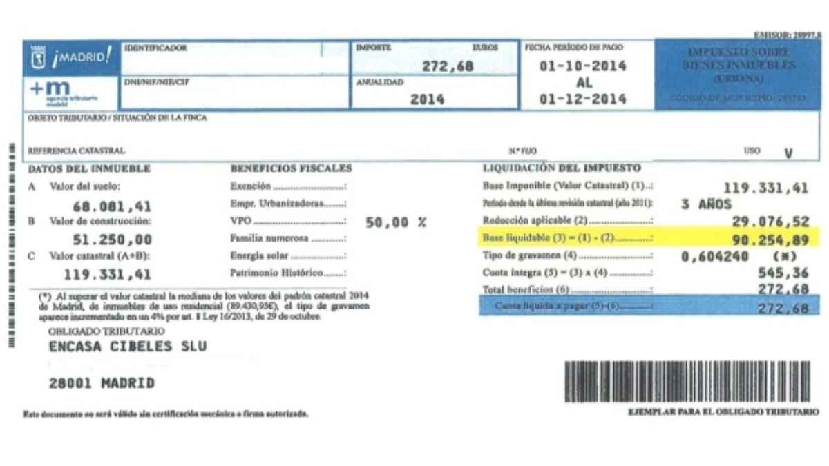 Ejemplo de recibo del IBI del Ayuntamiento de Madrid con detalle de la liquidación.
