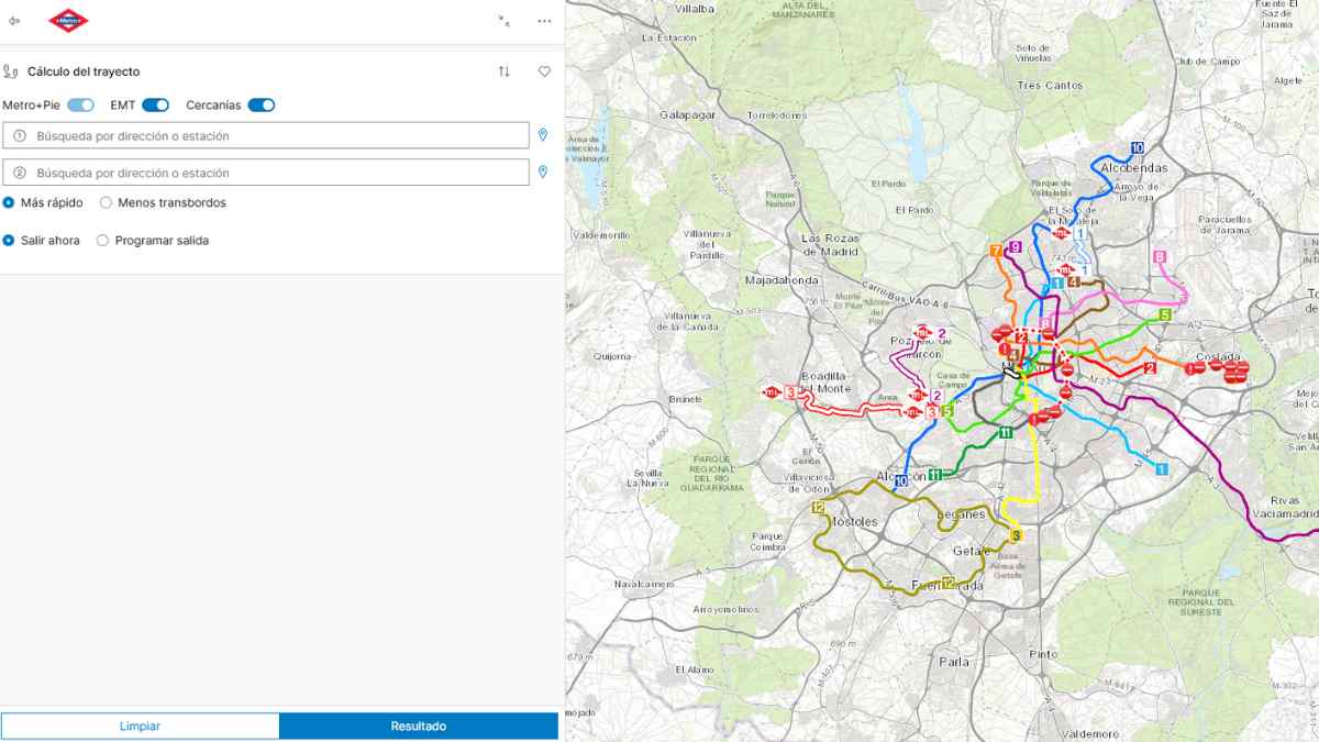 Mapa interactivo del Metro y Cercanías de Madrid para consultar trayectos y retrasos en tiempo real.