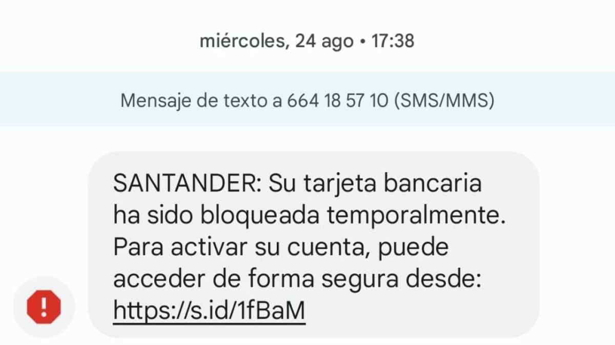 Mensaje falso del banco Santander con enlace fraudulento utilizado en estafas bancarias alertadas por la Seguridad Social.