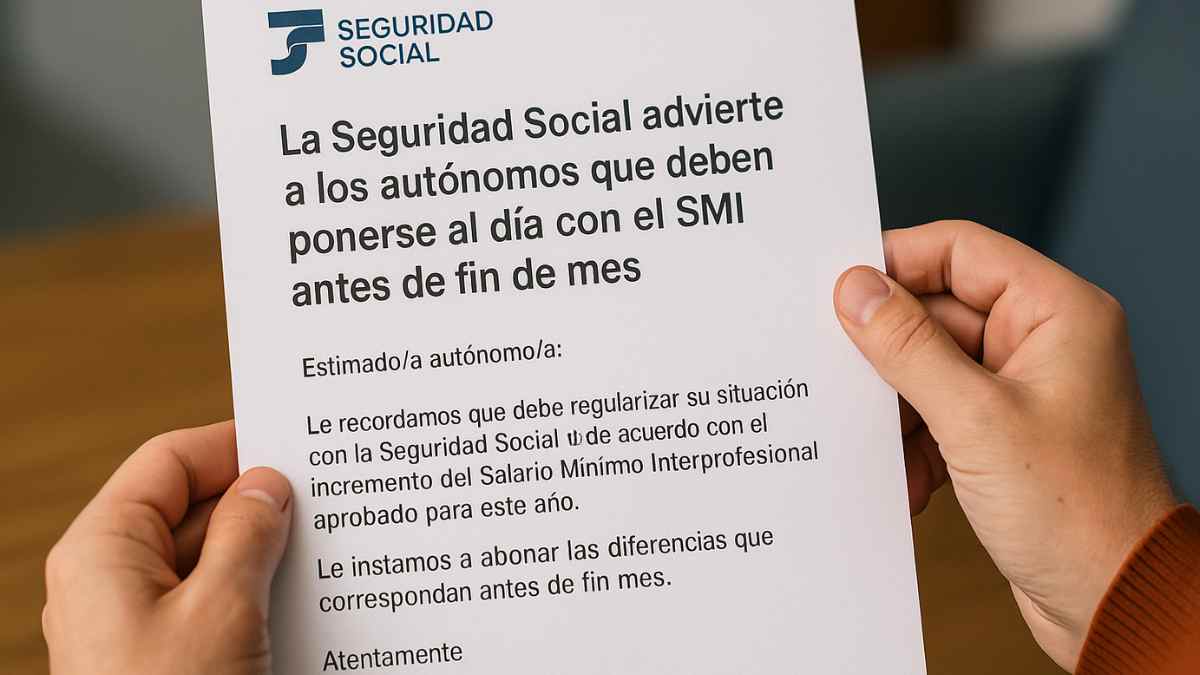 Carta de la Seguridad Social dirigida a los autónomos para ponerse al día con el SMI antes de fin de mes.