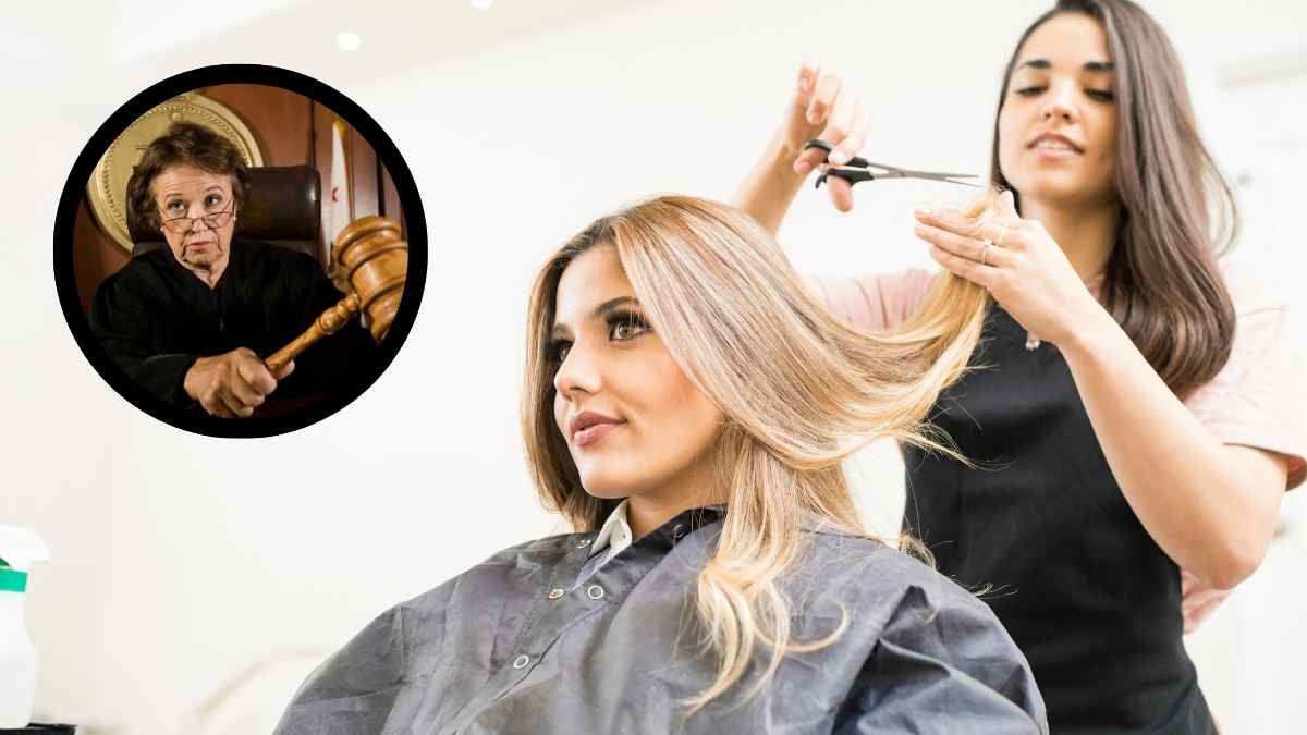 Peluquera trabajando con clienta y juez que confirma el despido improcedente por falsa autónoma.