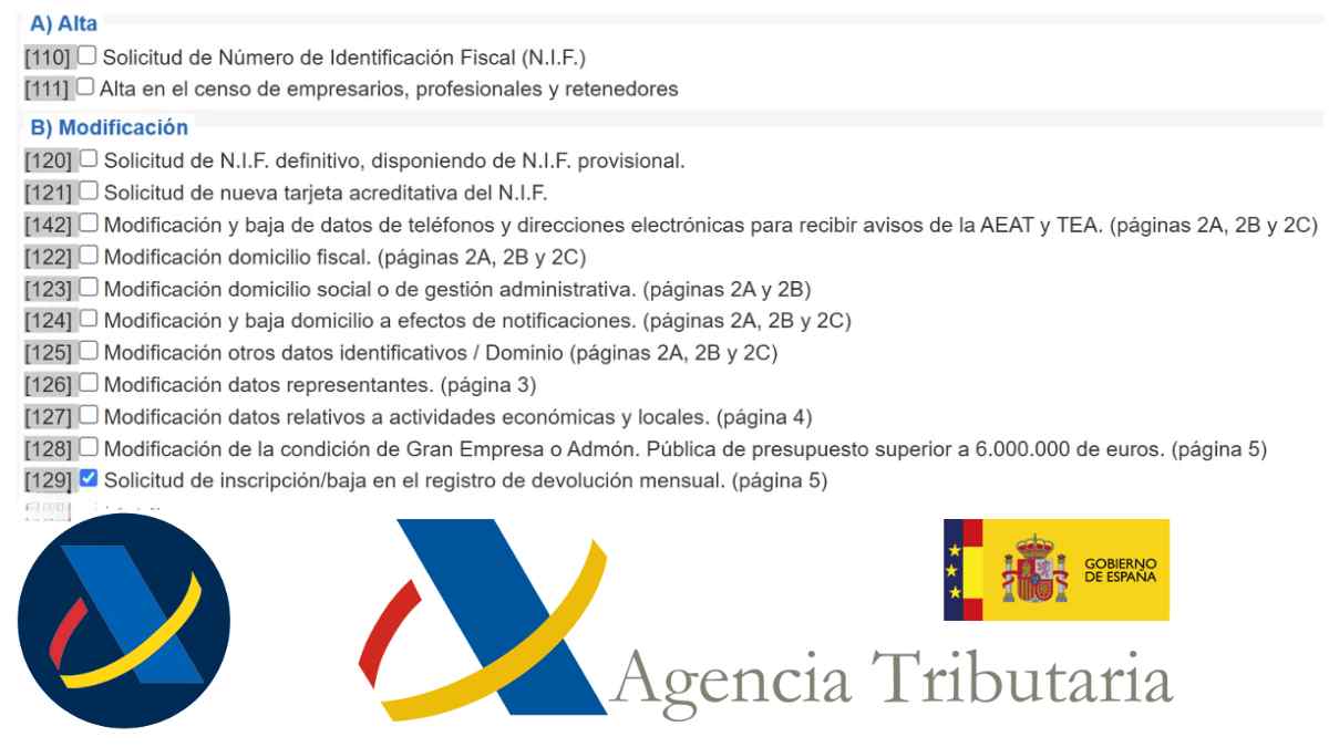 Casilla del Modelo 036 para solicitar la inscripción en el registro de devolución mensual del IVA de la Agencia Tributaria.