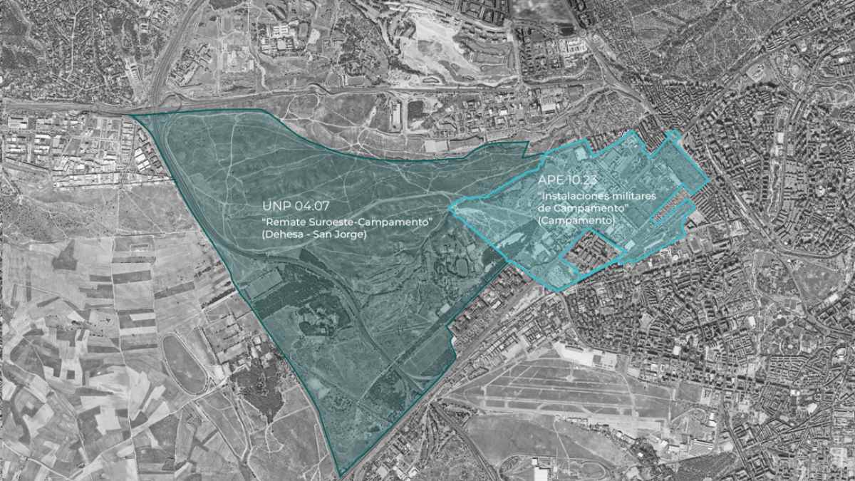 Mapa aéreo del ámbito de Campamento en Madrid con las zonas UNP 04.07 y APE 10.23 destacadas en color azul.