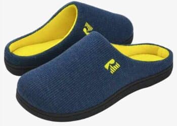 Zapatillas de casa con suela viscoelástica RockDove azul y amarilla más vendidas en Amazon con 177000 valoraciones.