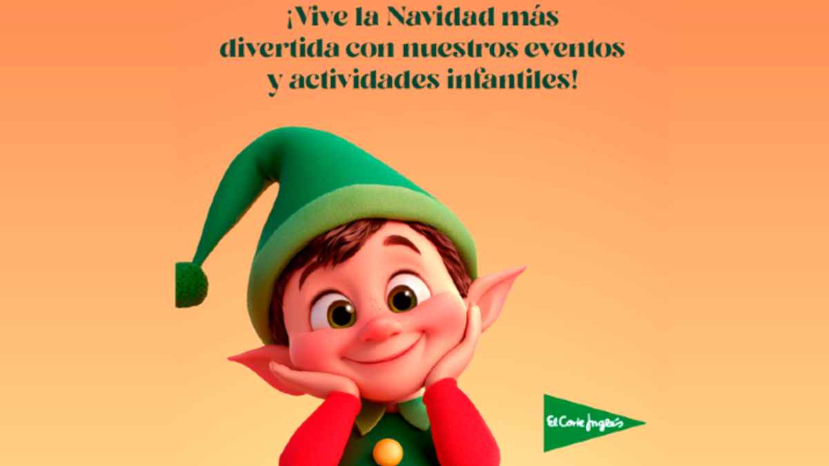 Elfo navideño infantil en anuncio de actividades de Navidad de El Corte Inglés.
