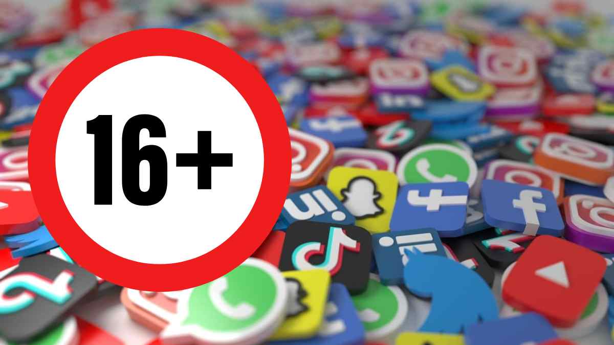 Señal de restricción 16+ sobre iconos de redes sociales tras la nueva ley en Australia.