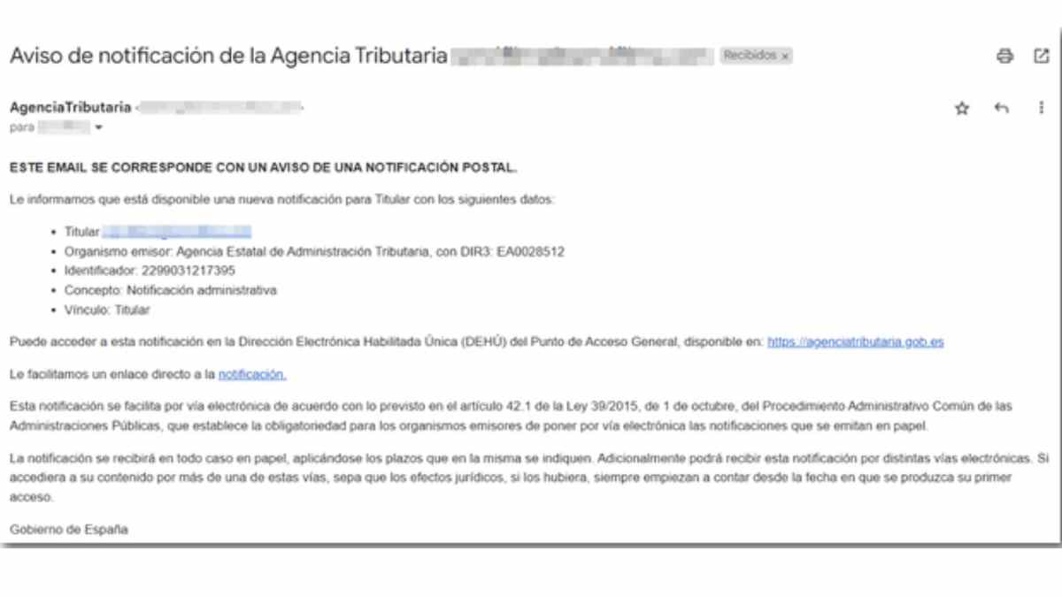Aviso de notificación de la Agencia Tributaria sobre comunicación electrónica de embargo.