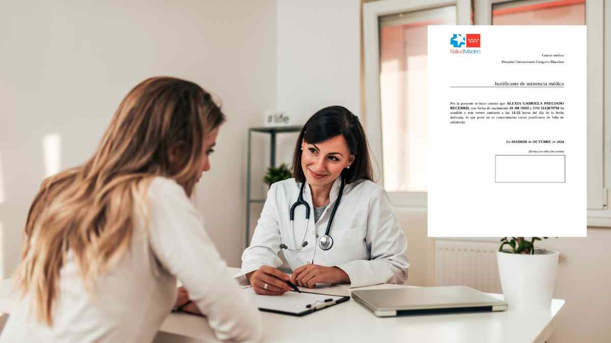 Médico entrega justificante de asistencia médica a una trabajadora durante una consulta.