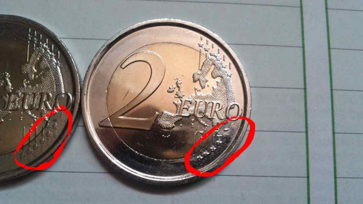 moneda de 2 euros con fallas en el relieve identificadas por el Banco de España.