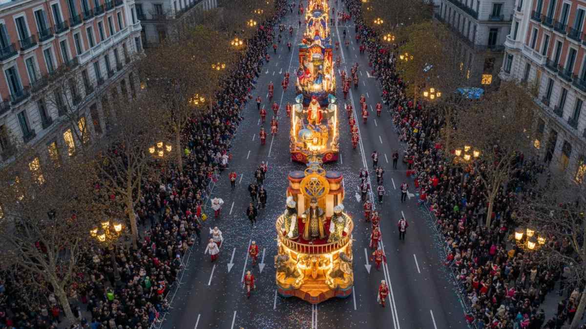 Cabalgata de Reyes en Madrid 2026 recorriendo la Castellana con carrozas y público.