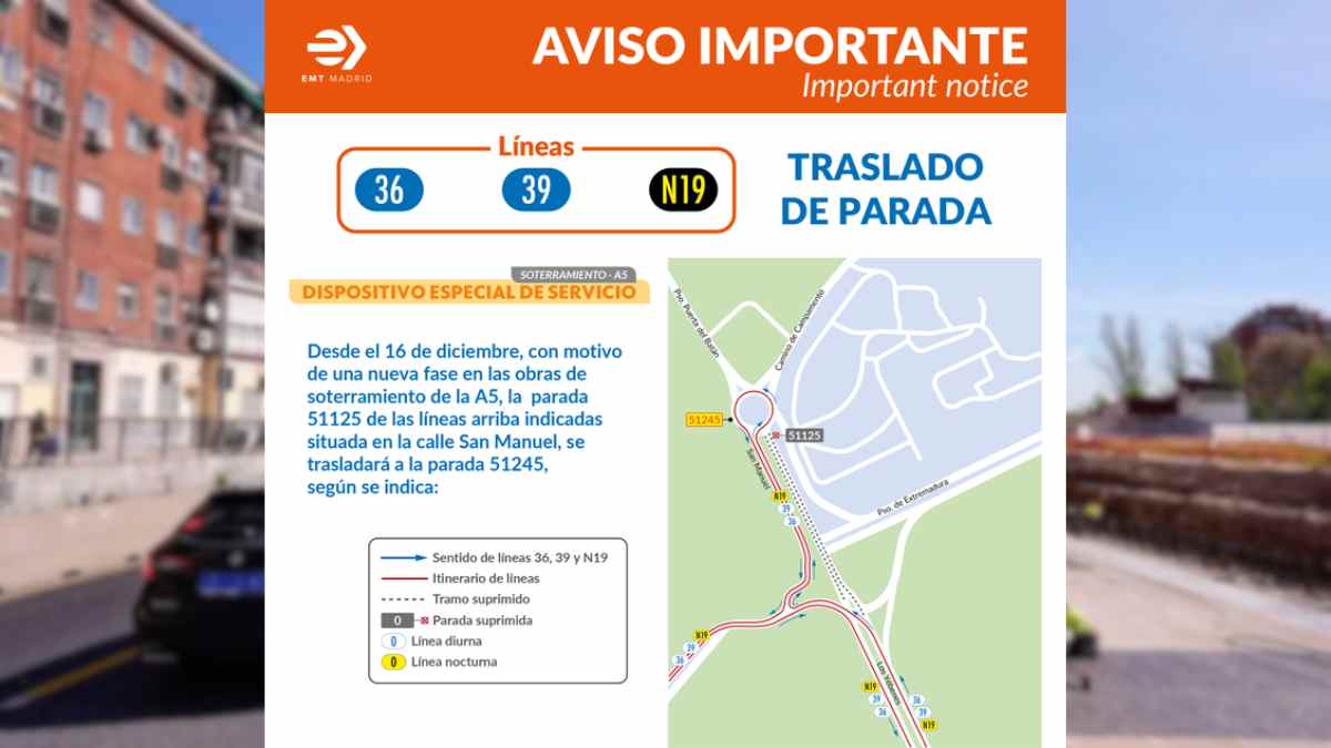 Traslado de la parada de autobús en San Manuel por las obras de soterramiento de la A5.