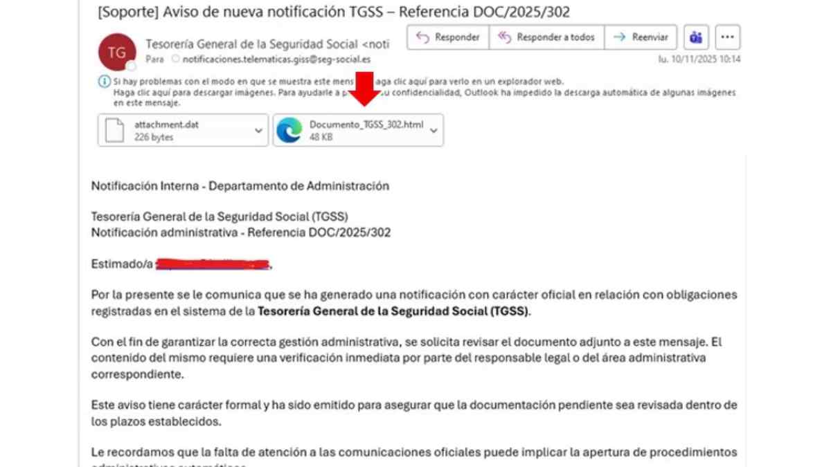 Correo electrónico fraudulento que suplanta a la Seguridad Social con archivo HTML malicioso.