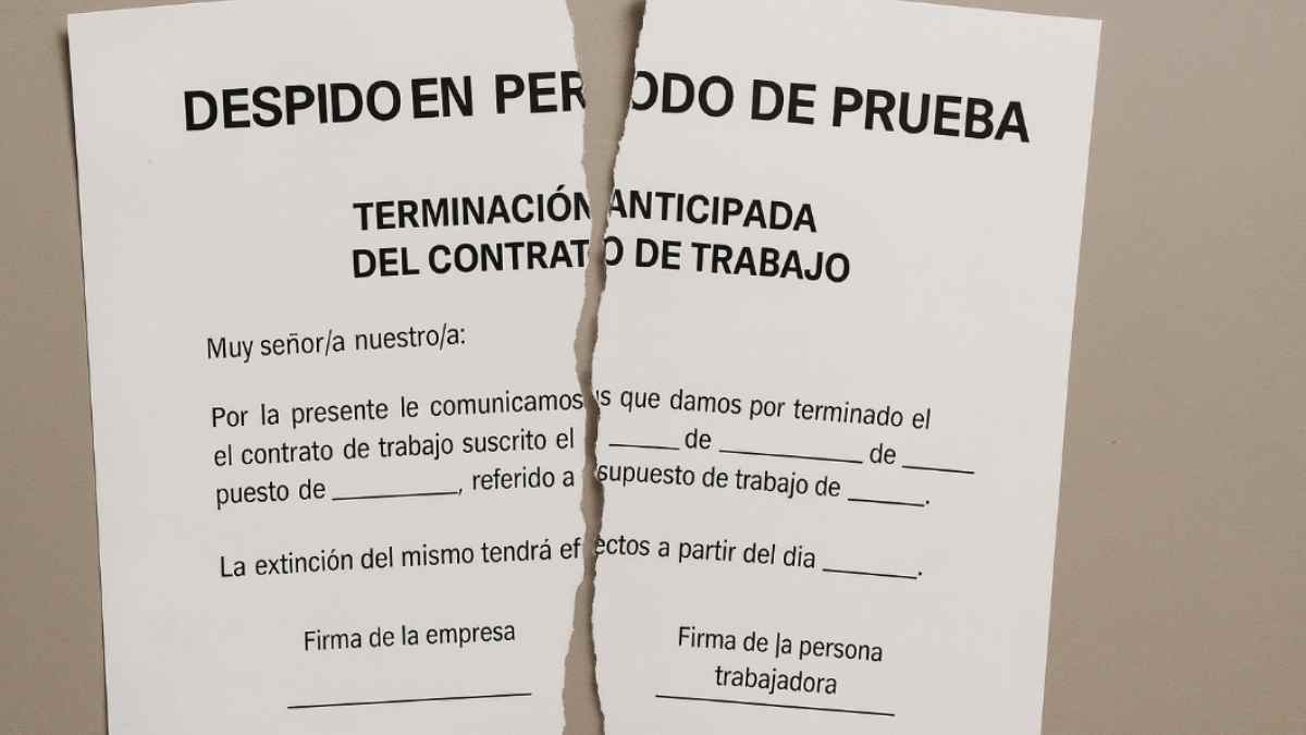 Documento de despido en periodo de prueba rasgado, relacionado con una baja médica.