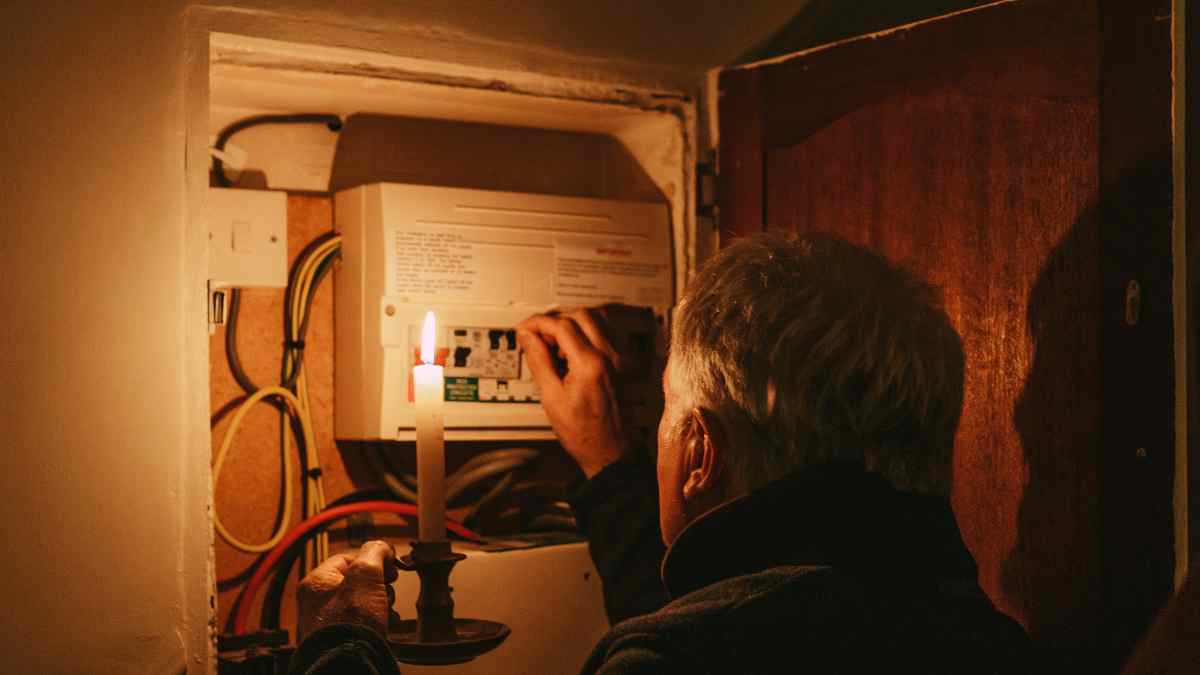 Persona revisa el cuadro eléctrico durante un corte de luz en una vivienda de Madrid.