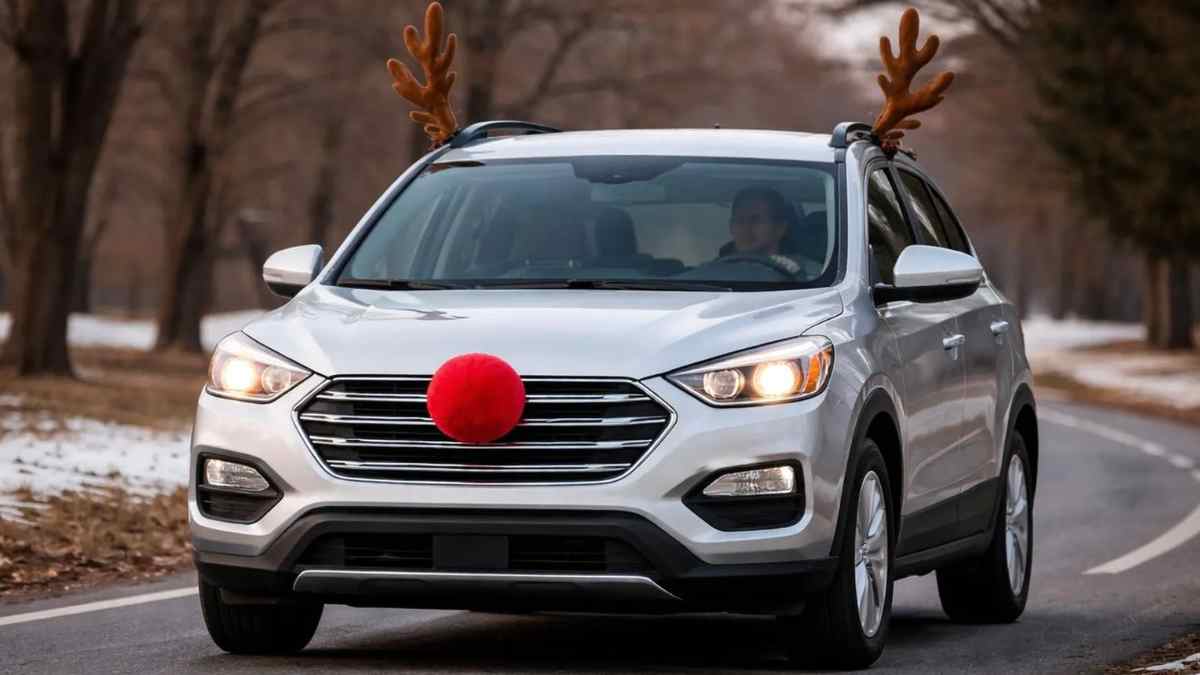 Coche decorado con cuernos de reno y nariz roja circulando por carretera en Navidad.
