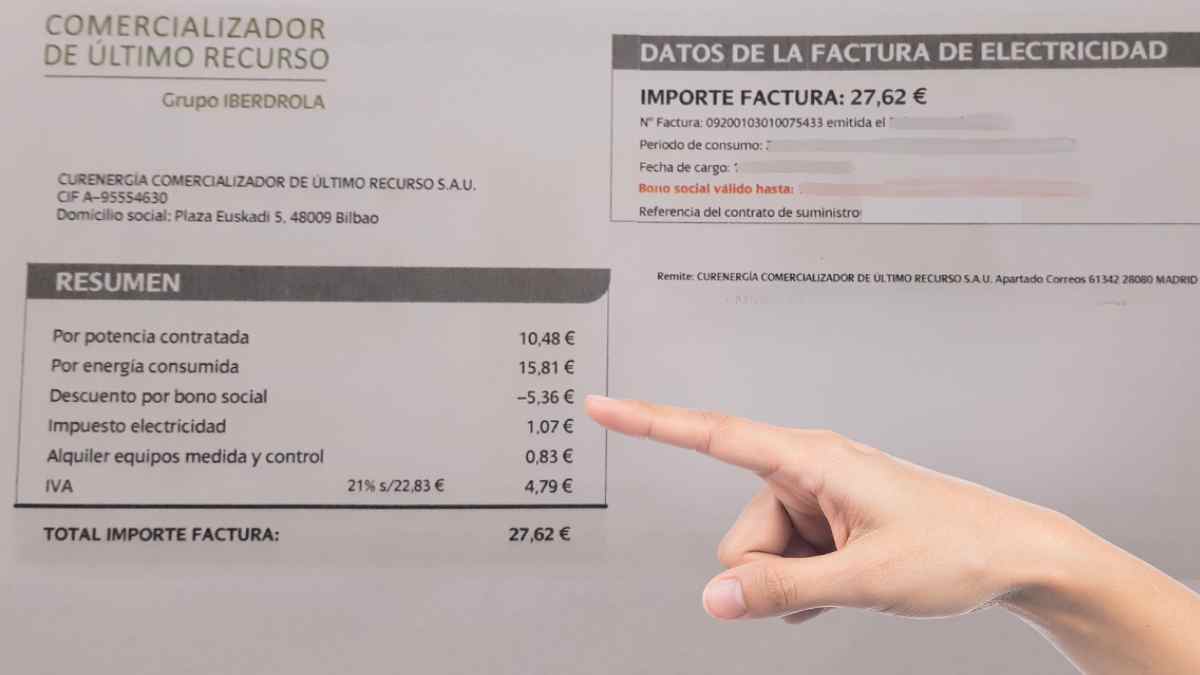 Descuento del 57,5% del bono social eléctrico reflejado en una factura de la luz tras su publicación en el BOE.