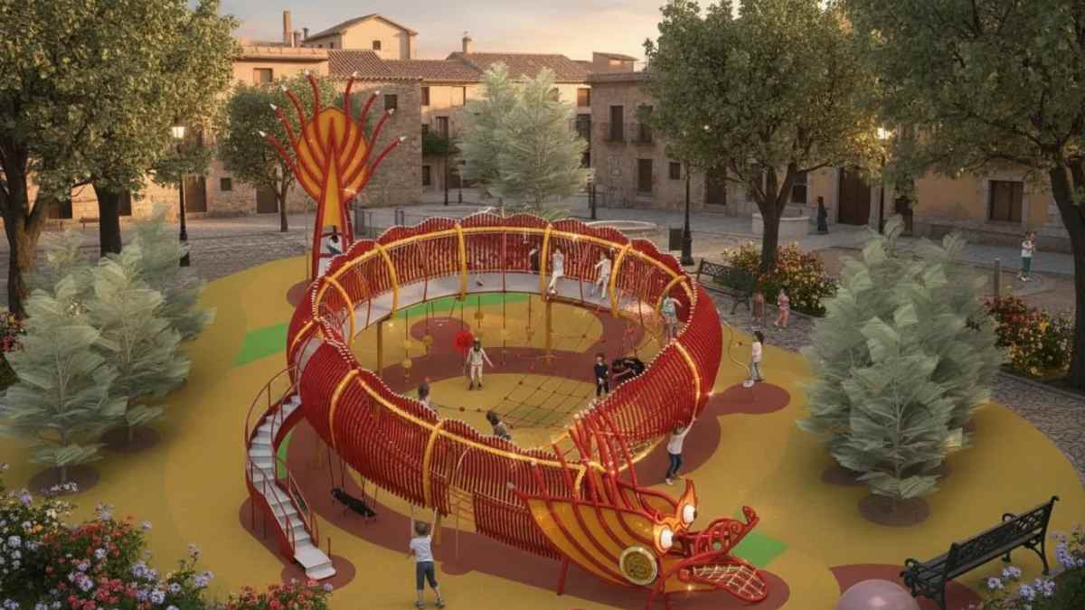 parque infantil con forma de dragón rojo en Usera con niños jugando en la estructura.