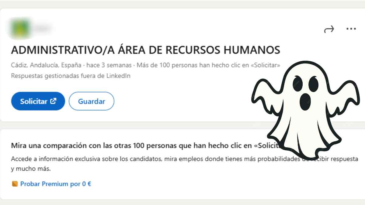 Oferta de empleo fantasma en portal laboral con símbolo de ghost job.