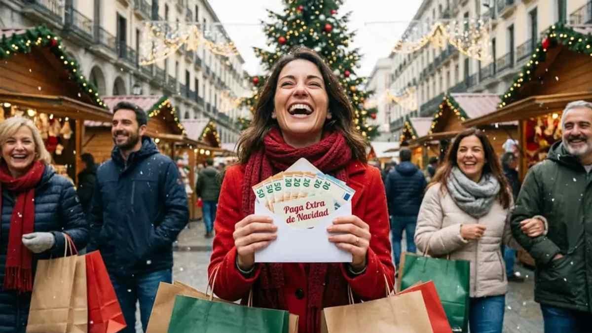 Trabajadora celebra la paga extra de Navidad mientras hace compras navideñas.