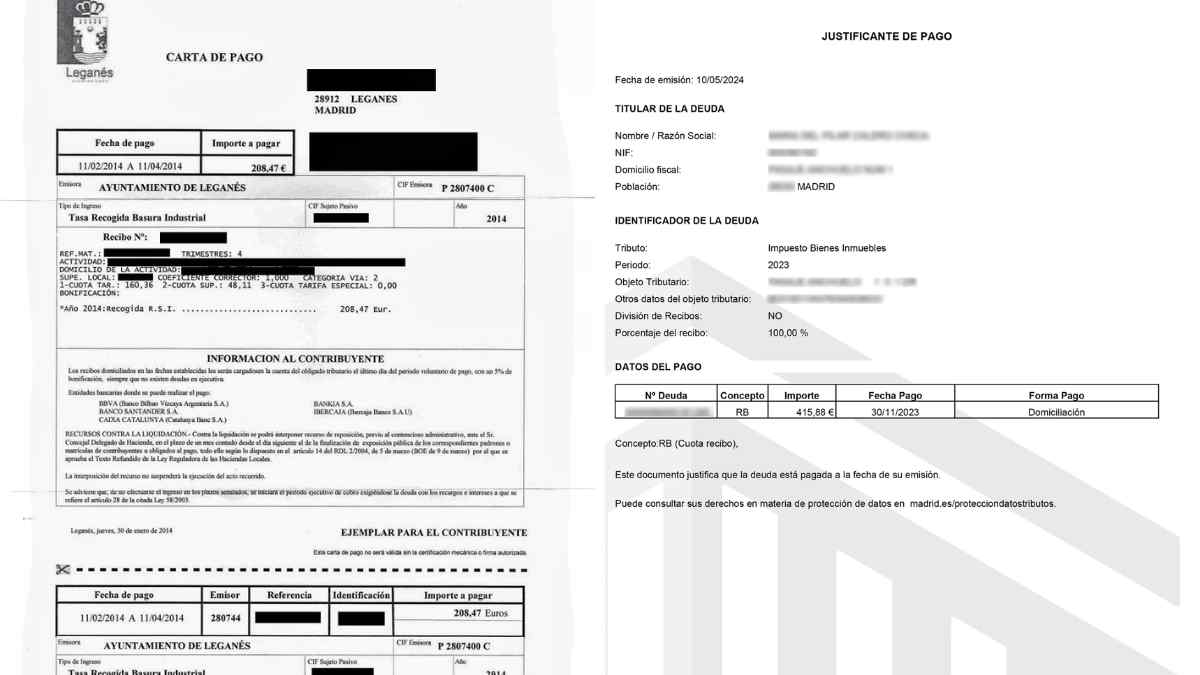 Carta de pago y justificante de impuestos municipales en Madrid correspondientes a vivienda y otros tributos locales.