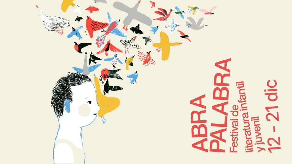 Ilustración infantil con un niño y aves de colores en el cartel del festival Abrapalabra 2025 en La Casa Encendida.