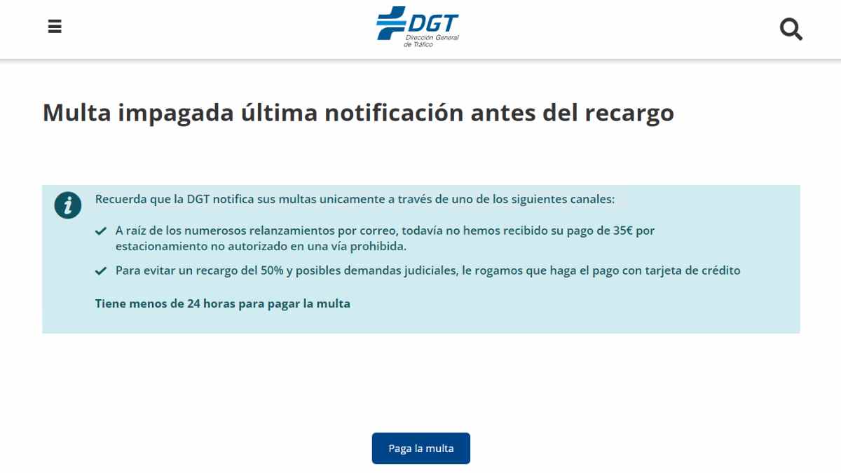 Aviso de multa impagada de la DGT con advertencia de recargo y opción para pagar online.