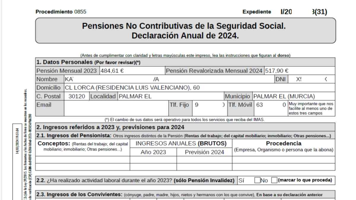 Declaración anual de ingresos de la pensión no contributiva de la Seguridad Social 2024.