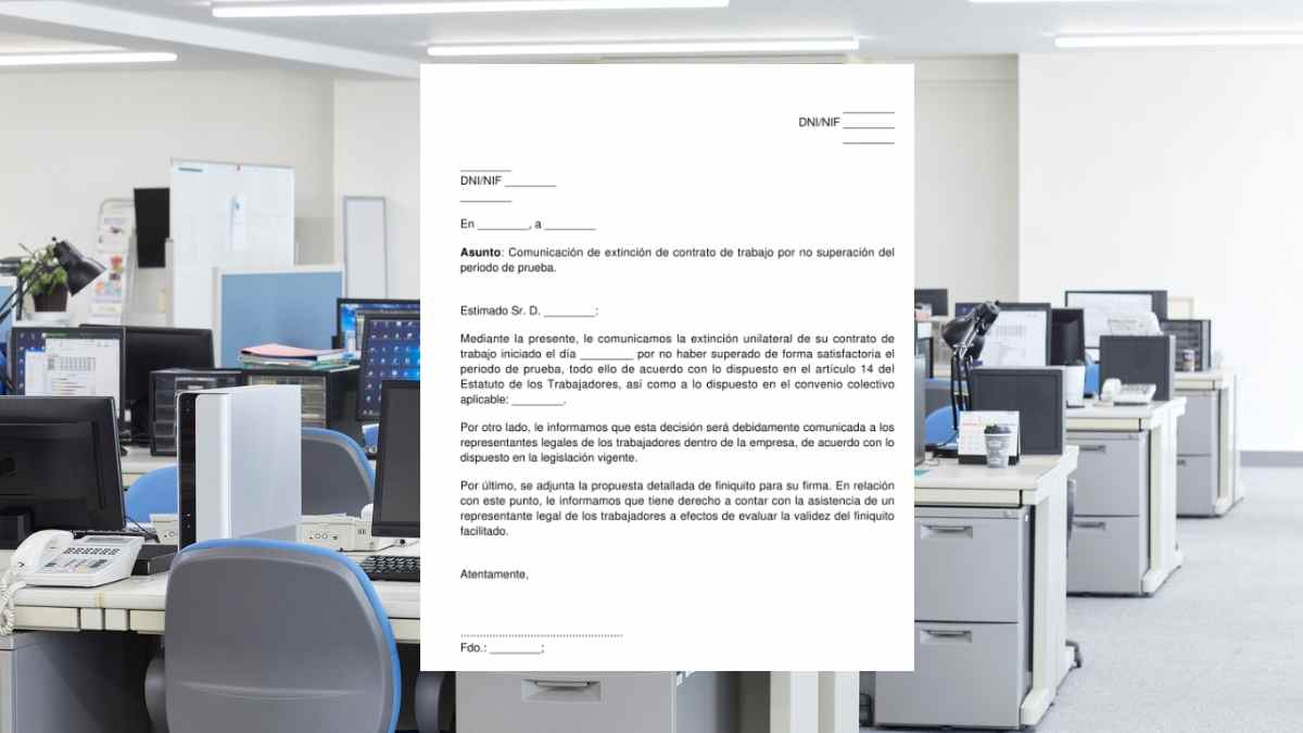 Documento de fin de contrato por no superar el periodo de prueba en una oficina.